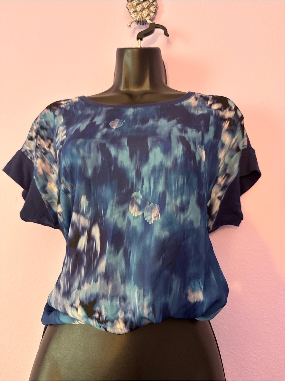 Blue Tie-Dye Silky Front Short Sleeve Women's Top